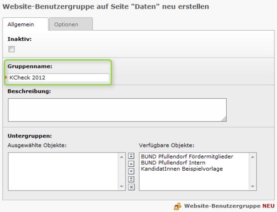 Formular Website-Benutzergruppe